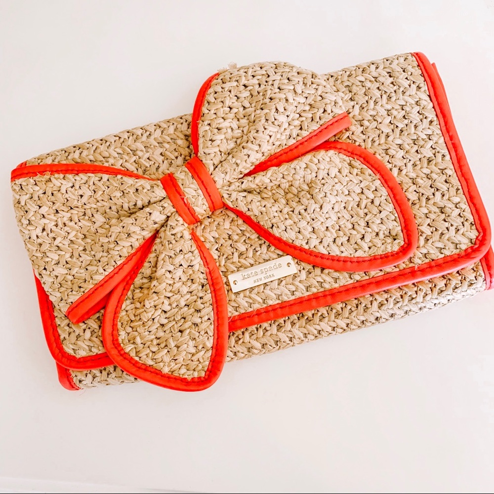 Kate Spade Belle Place Straw & Leather Bow Clutch